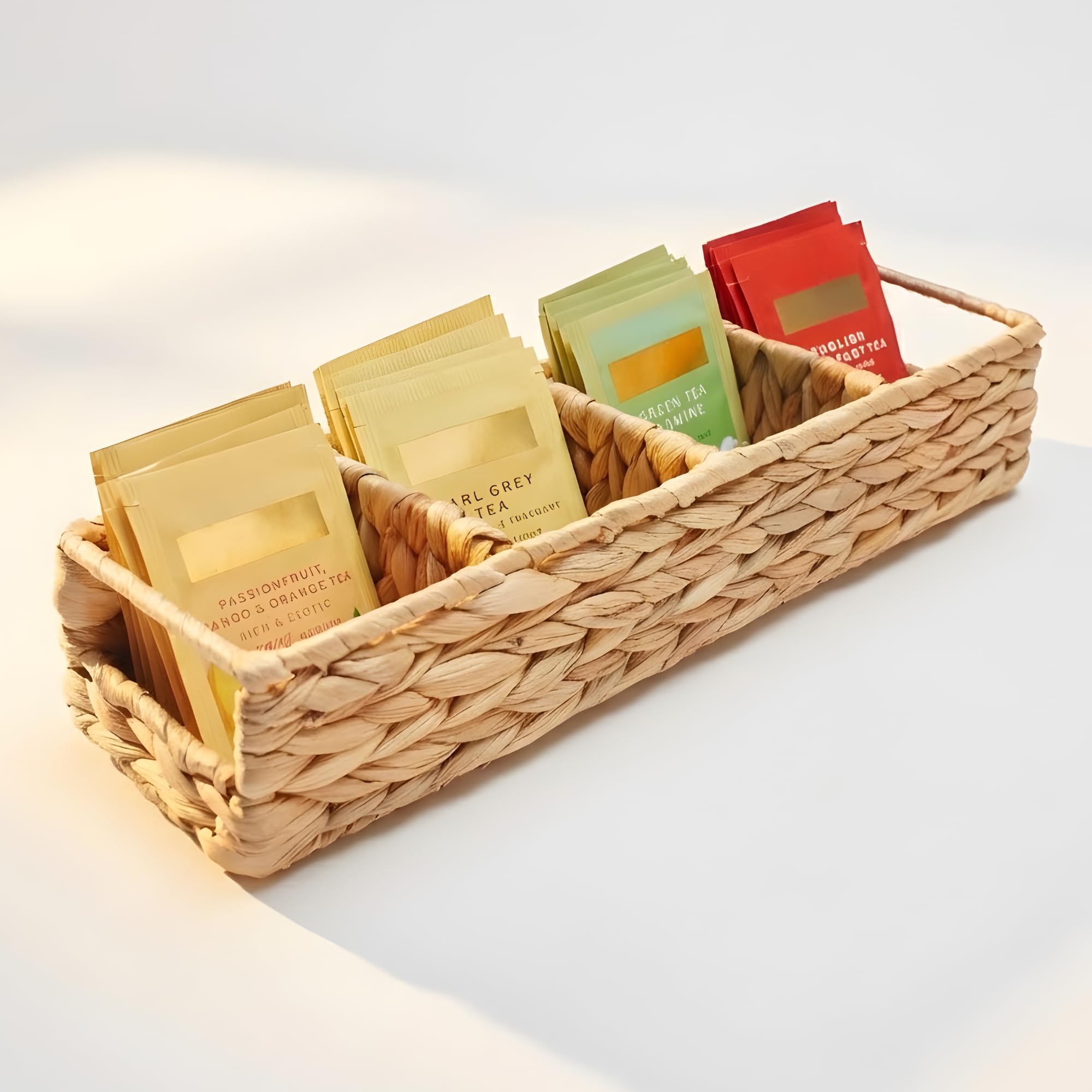 Triluxe Wicker Tea Bag Organizer, 3-Compartment Water Hyacinth Tea Holder for Countertop, Compact Tea Caddy & Sugar Packet Holder for Tea Station