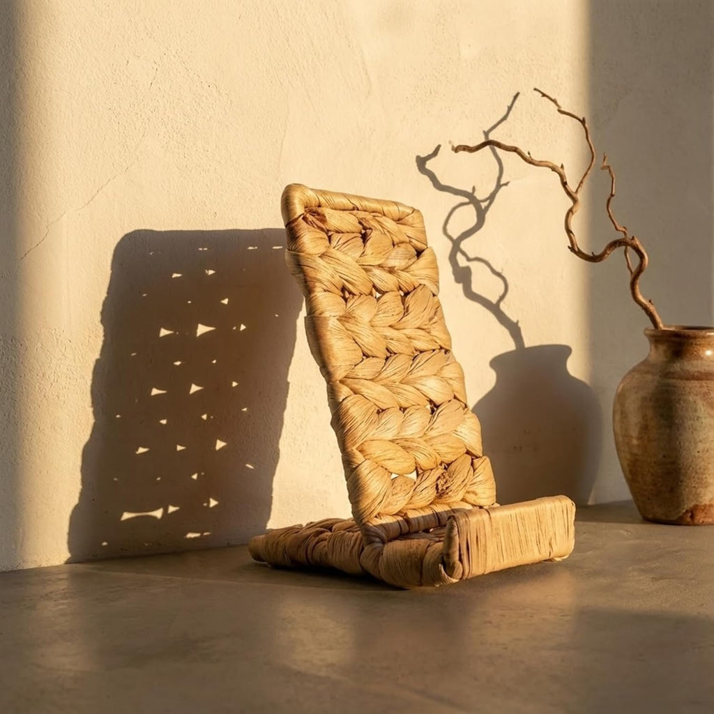Ahyra Wicker Cell Phone Stand for Desk, Sturdy Tablet & E-Reader Holder, Handcrafted Woven Art Piece, Scratch-Free Cradle, Boho Desk Decor | A Valentine’s Gift Woven with Heart from Vietnam