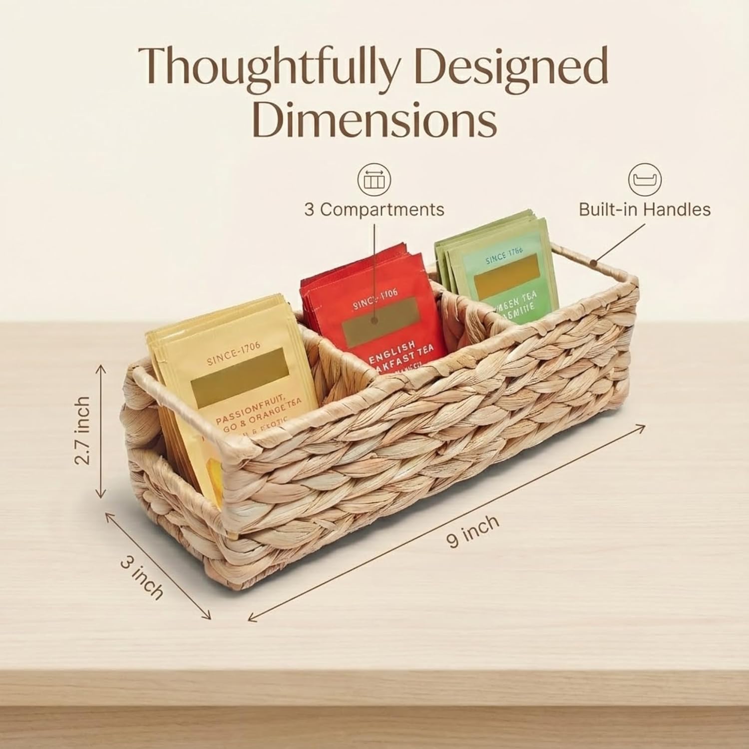 Triluxe Wicker Tea Bag Organizer, 3-Compartment Water Hyacinth Tea Holder for Countertop, Compact Tea Caddy & Sugar Packet Holder for Tea Station