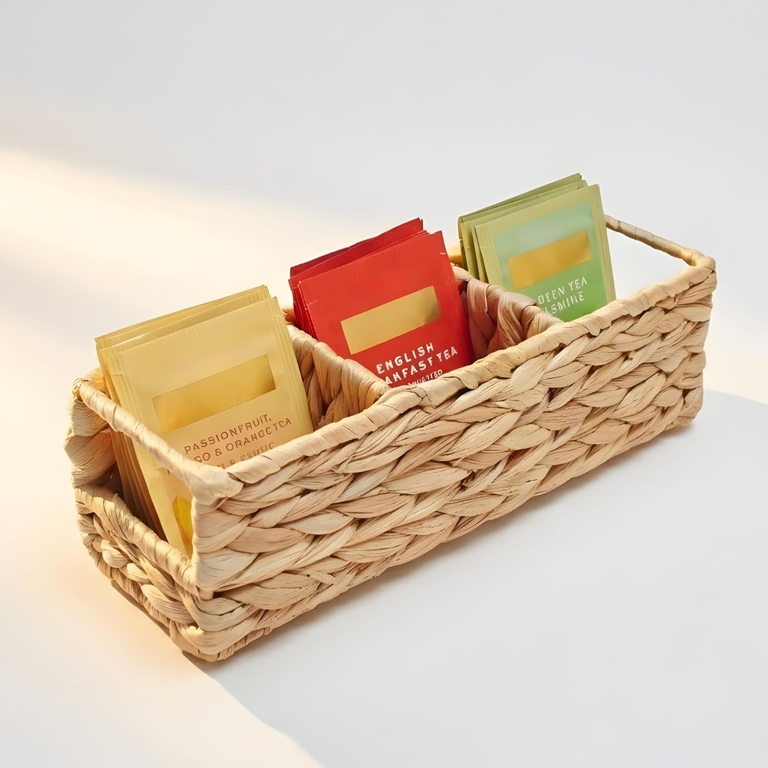 Triluxe Wicker Tea Bag Organizer, 3-Compartment Water Hyacinth Tea Holder for Countertop, Compact Tea Caddy & Sugar Packet Holder for Tea Station