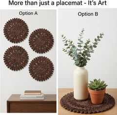 Circorn 13.8" Flower Woven Placemats Set of 4 - Earthy Brown Corn Husk Table Mats | Rustic Boho Charger Plates for Dining Table, Wall Decor | Heat Resistant Farmhouse Place Mats for Holidays