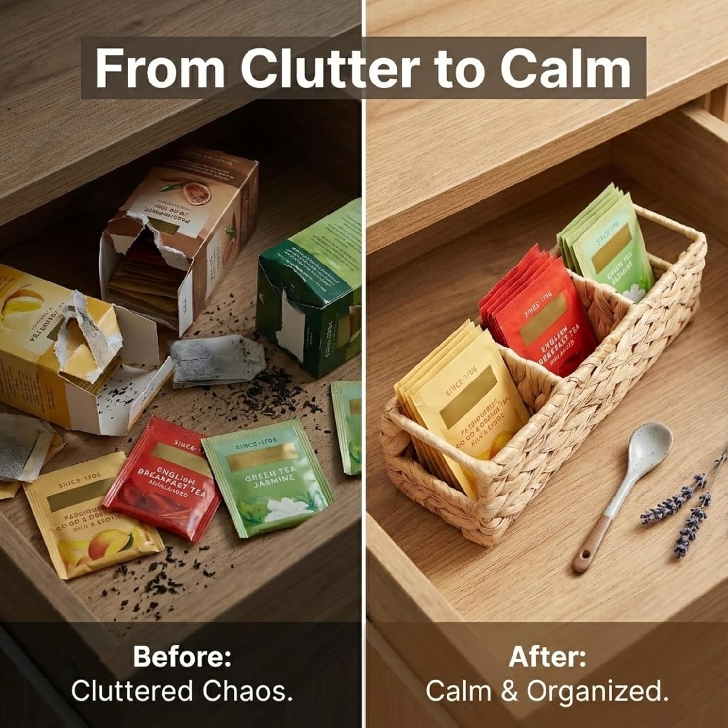 Triluxe Wicker Tea Bag Organizer, 3-Compartment Water Hyacinth Tea Holder for Countertop, Compact Tea Caddy & Sugar Packet Holder for Tea Station