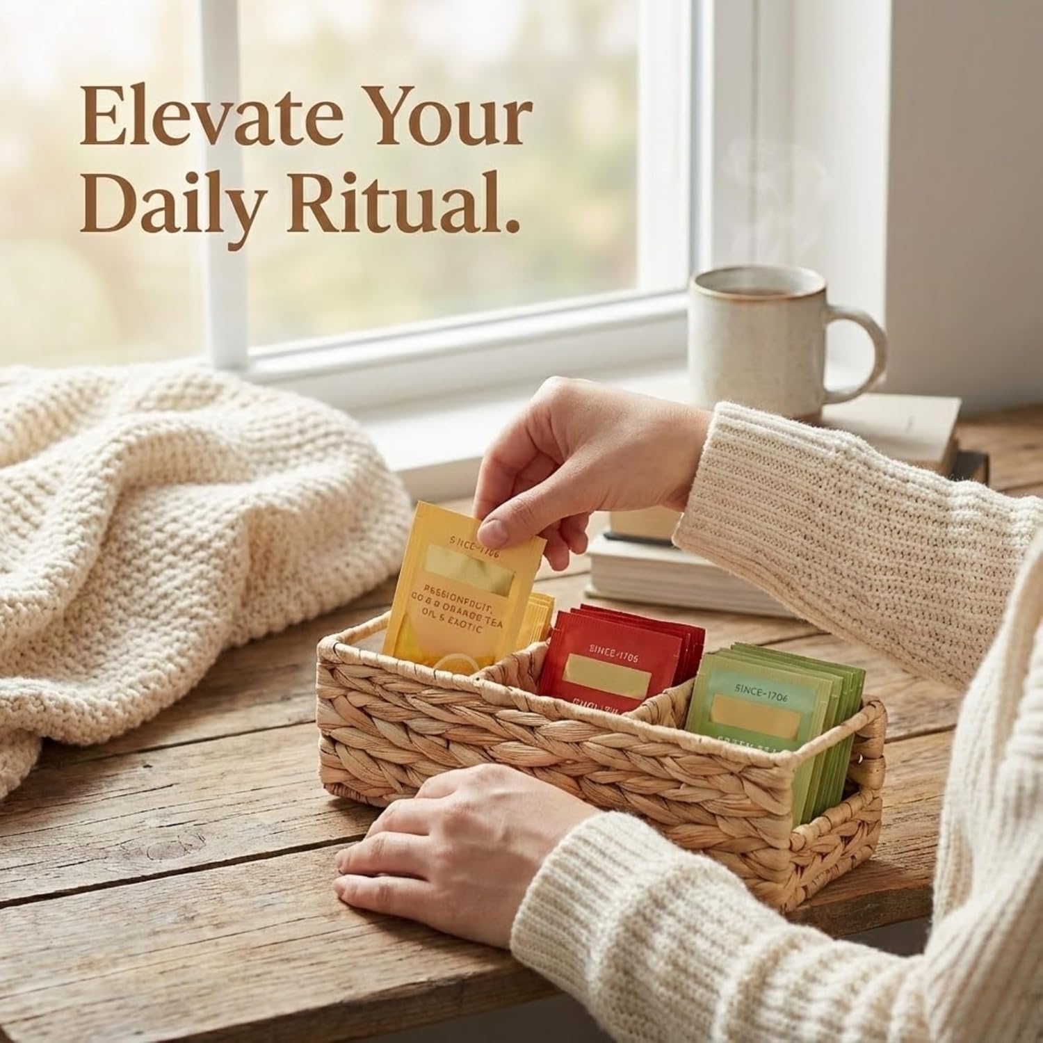 Triluxe Wicker Tea Bag Organizer, 3-Compartment Water Hyacinth Tea Holder for Countertop, Compact Tea Caddy & Sugar Packet Holder for Tea Station