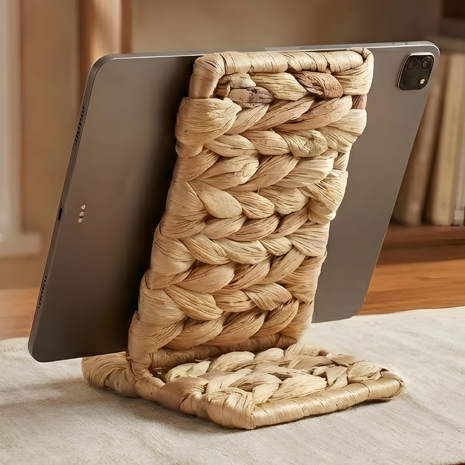 Ahyra Wicker Cell Phone Stand for Desk, Sturdy Tablet & E-Reader Holder, Handcrafted Woven Art Piece, Scratch-Free Cradle, Boho Desk Decor | A Valentine’s Gift Woven with Heart from Vietnam