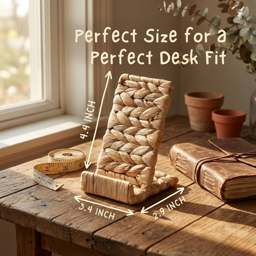 Ahyra Wicker Cell Phone Stand for Desk, Sturdy Tablet & E-Reader Holder, Handcrafted Woven Art Piece, Scratch-Free Cradle, Boho Desk Decor | A Valentine’s Gift Woven with Heart from Vietnam