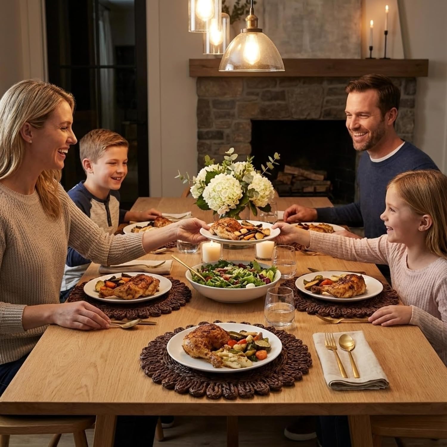 Circorn 13.8" Flower Woven Placemats Set of 4 - Earthy Brown Corn Husk Table Mats | Rustic Boho Charger Plates for Dining Table, Wall Decor | Heat Resistant Farmhouse Place Mats for Holidays
