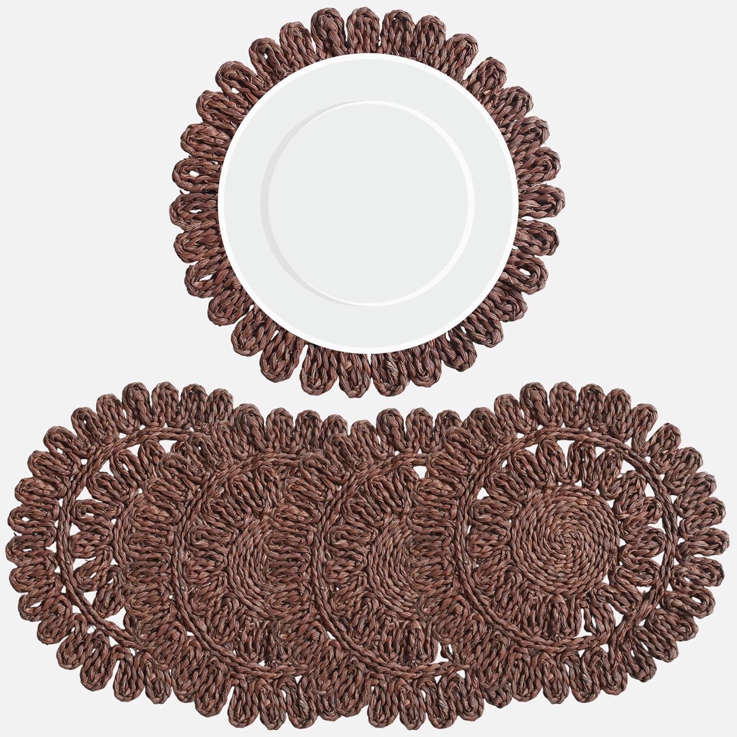 Circorn 13.8" Flower Woven Placemats Set of 4 - Earthy Brown Corn Husk Table Mats | Rustic Boho Charger Plates for Dining Table, Wall Decor | Heat Resistant Farmhouse Place Mats for Holidays