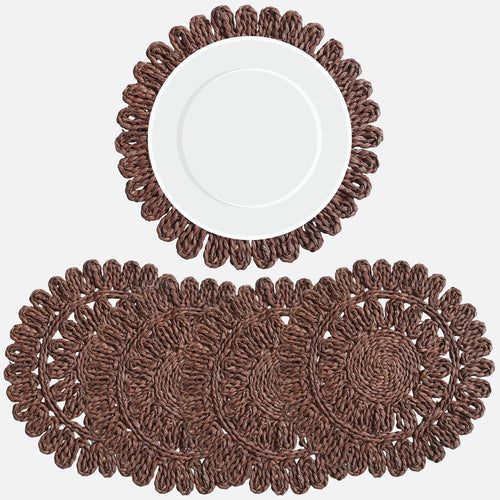 Circorn 13.8" Flower Woven Placemats Set of 4 - Earthy Brown Corn Husk Table Mats | Rustic Boho Charger Plates for Dining Table, Wall Decor | Heat Resistant Farmhouse Place Mats for Holidays