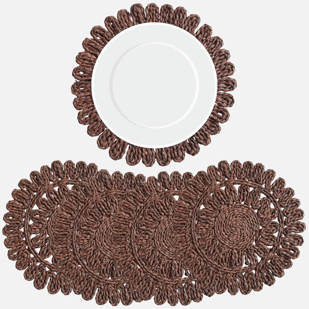 Circorn 13.8" Flower Woven Placemats Set of 4 - Earthy Brown Corn Husk Table Mats | Rustic Boho Charger Plates for Dining Table, Wall Decor | Heat Resistant Farmhouse Place Mats for Holidays