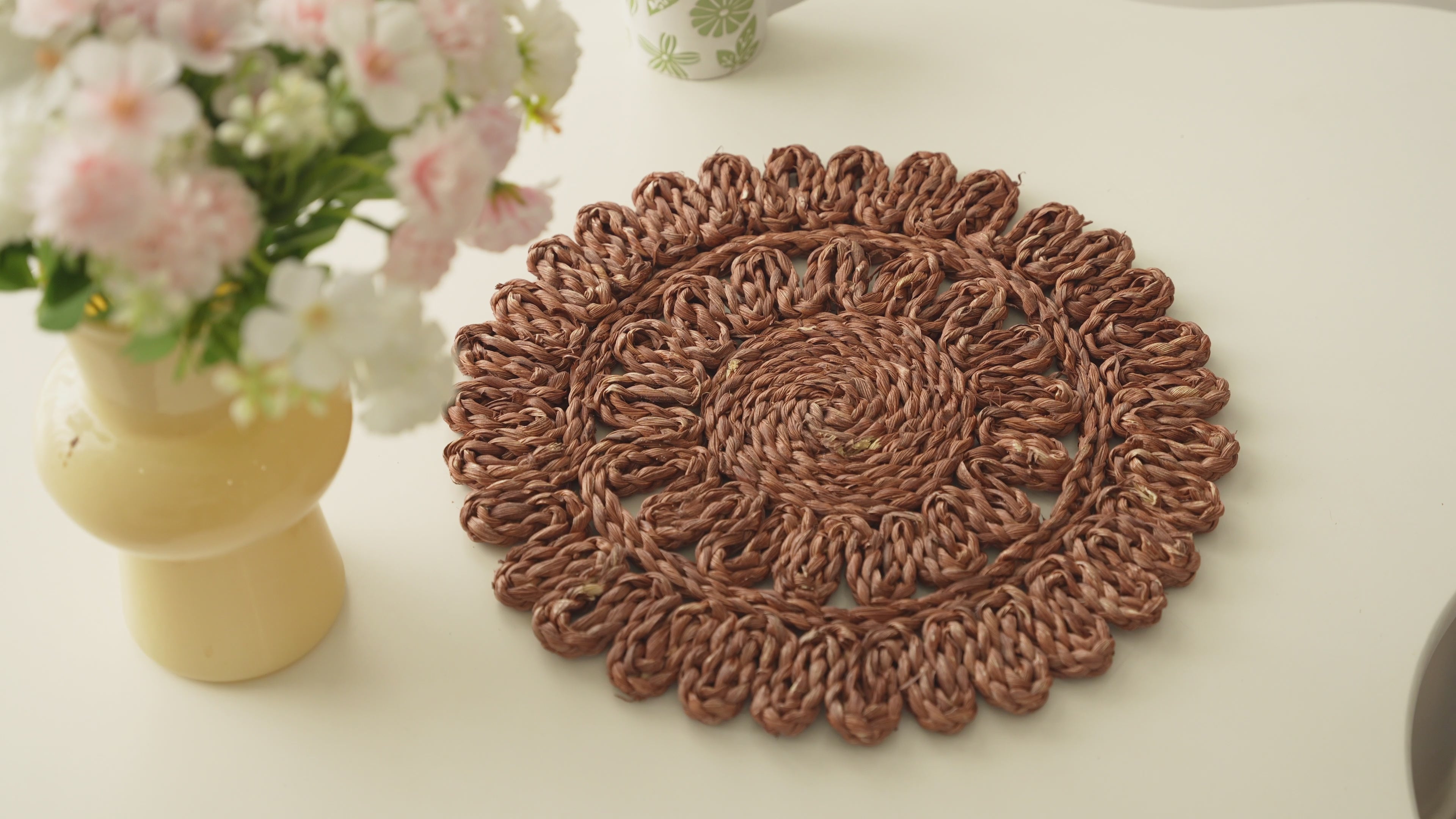 Circorn 13.8" Flower Woven Placemats Set of 4 - Earthy Brown Corn Husk Table Mats | Rustic Boho Charger Plates for Dining Table, Wall Decor